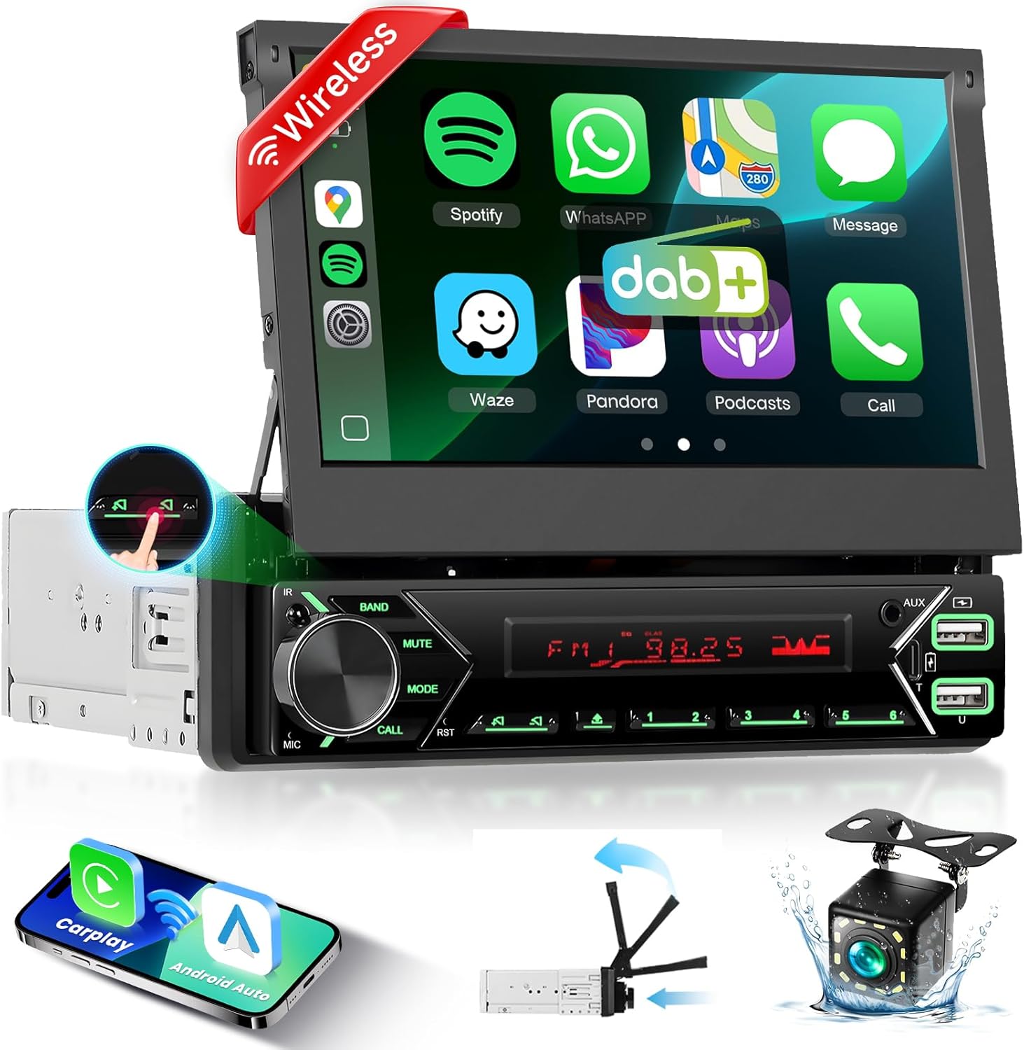 Radio podofo 1 DIN Bluetooth DAB+ con CarPlay y Android Auto inalámbricos, pantalla táctil motorizada de 7", Mirror Link, FM, USB, Type-C, AUX, micrófono y cámara de marcha atrás