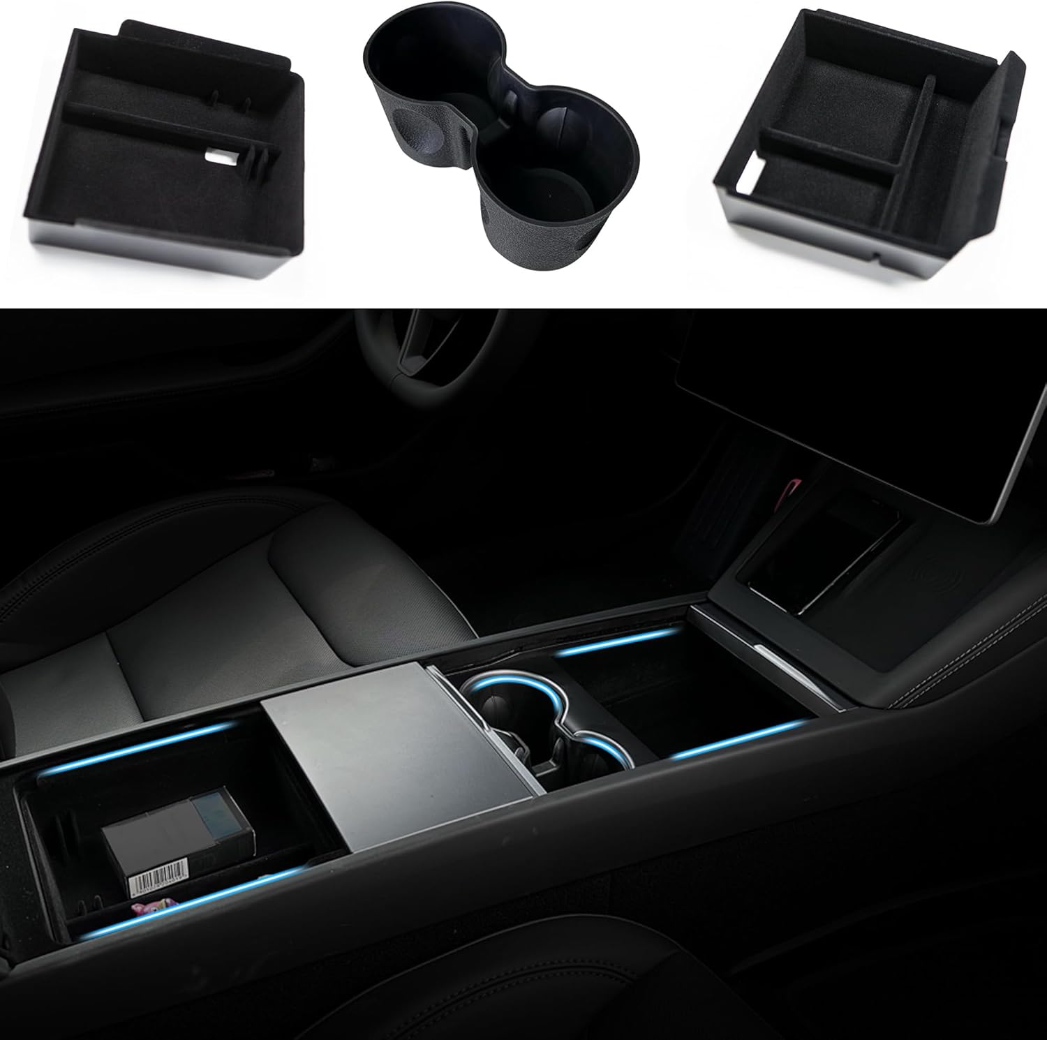 Organizador de consola central para Tesla Model Y Juniper y Model 3 Highland 2024 2025, bandeja de almacenamiento afelpada, pack de 3