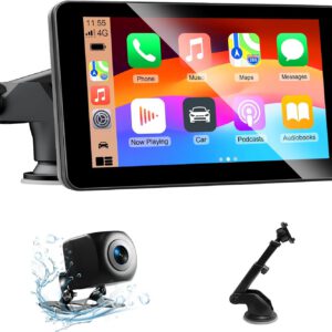 Pantalla táctil de 7″ con cámara trasera, para coche con CarPlay y Android Auto inalámbricos, Mirror Link, navegación, Siri, FM, AUX, Bluetooth 5.2, AirPlay, lectura de vídeo y GPS