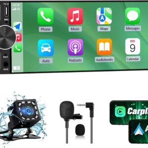 Radio AWESAFE 1 DIN universal con CarPlay y Android Auto, pantalla táctil de 6,36″ y cámara trasera, Bluetooth, controles de volante, FM y doble USB