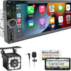 Pantalla Bluetooth para coche, radio 1 DIN táctil CarPlay de 6,86″, compatible con iOS/Android, Mirror Link, cámara trasera, carga Type-C/USB, micrófono, EQ y SWC