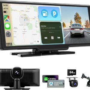Pantalla de coche Android Auto CarPlay de 10,26″, radio Bluetooth con dashcam 4K, cámara trasera HD 1080P, FM, AUX, tarjeta TF 64 GB, Mirror Link, control por voz y navegación GPS
