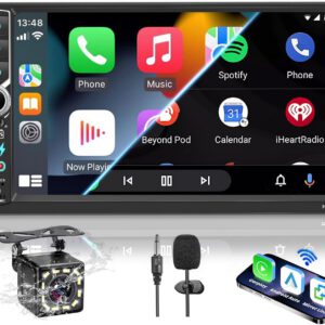 Radio estéreo 2 DIN para coche con Bluetooth, CarPlay inalámbrico y Android Auto, pantalla táctil HD de 7″, radio FM RDS, Type-C, carga rápida, micrófono y cámara trasera
