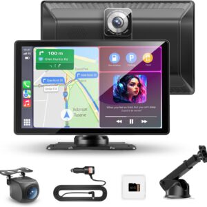 Pantalla CarPlay de 9″ para coche con Apple CarPlay y Android Auto inalámbricos, doble cámara 4K+1080P, pantalla táctil con GPS, Bluetooth, MirrorLink, FM/AUX, control por voz, tarjeta TF 64 GB, sin instalación