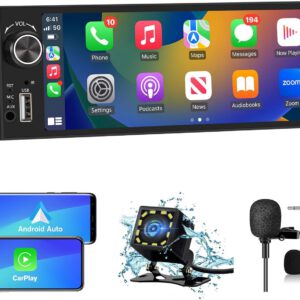 Radio universal 1 DIN con pantalla táctil de 6,36″, CarPlay/Android Auto, carga Type-C/USB, micrófono, FM, EQ, WiFi, GPS, Bluetooth, USB, SWC y cámara trasera