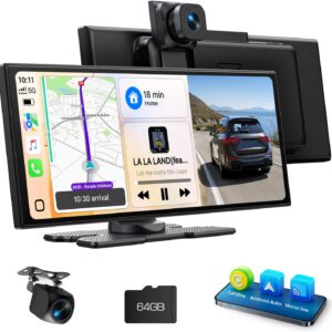 Pantalla CarPlay de 10,25″ para coche con cámara frontal 2.5K y cámara trasera 1080P, compatible con Apple CarPlay y Android Auto, asistente portátil, navegación, Bluetooth, Mirror Link, AUX y tarjeta 64 GB