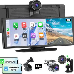 Pantalla CarPlay para coche con CarPlay/Android Auto inalámbricos, pantalla táctil portátil de 10,26″, dashcam 4K, cámara trasera HD 1080P, control por voz, Bluetooth y Mirror Link