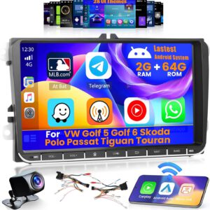 Radio Android 15 2+64G para VW Golf 5/6, Skoda, Polo, Passat, Tiguan y Touran, CarPlay inalámbrico, Android Auto, pantalla táctil de 9″, Bluetooth, navegación, FM/RDS y WiFi