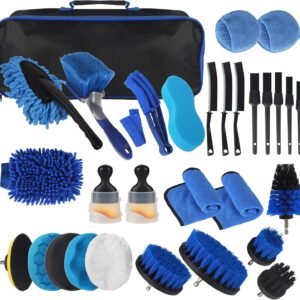 Kit de limpieza de coche 28 piezas con bolsa de transporte, set para interior y exterior, cepillos de detailing, paños de fibra, esponjas de pulido y cepillo para taladro