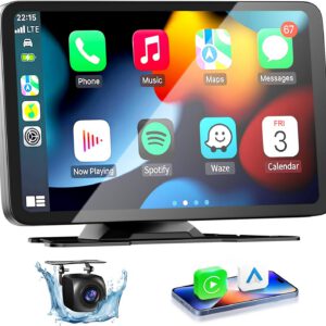 Pantalla de coche con Apple CarPlay y Android Auto inalámbricos y cámara trasera, pantalla HD de 7″ con Mirror Link, radio portátil Bluetooth 5.0 con asistencia por voz, FM y AUX