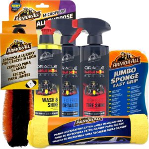 Kit Armor All de limpieza exterior de coche, pack de 7 productos profesionales, champú y cera SiO2, detailer, esponja, toalla de secado, paño para cristales, cepillo de llantas y más, acabado brillante y duradero