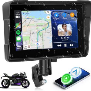 Pantalla portátil Rimoody para moto con CarPlay inalámbrico, pantalla táctil HD de 7″, radio IP67 impermeable, Android Auto, AirPlay, Android Cast, doble Bluetooth, control de voz, TF, USB, EQ y SD