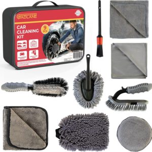 Kit de limpieza de coche de 9 piezas, incluye cepillo de tapicería, cepillo de detailing, estropajo de microfibra, paño de microfibra, cepillo de llantas, paño de secado, paño de cristales, guante y plumero de microfibra
