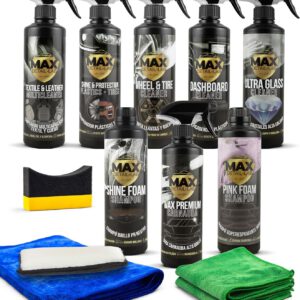 Pack de detailing, kit de limpieza de coche con accesorios incluidos, productos para limpieza exterior e interior, limpieza de llantas, champú, cera líquida, tapicería, salpicaderos y limpiacristales