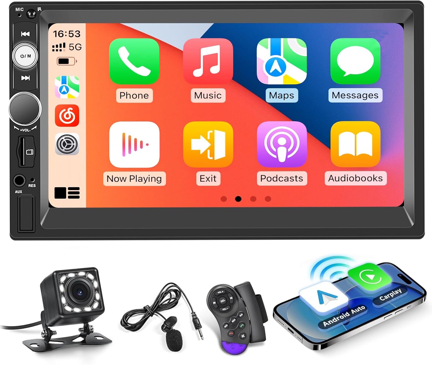 2 DIN Radio with Wireless Carplay & Android Auto – Bluetooth Car Radio with Touch Screen 7 Inches with Equalizer, Mirror Link, FM Radio, TF/AUX/USB Port, SWC + Reverse Camera - Image 2