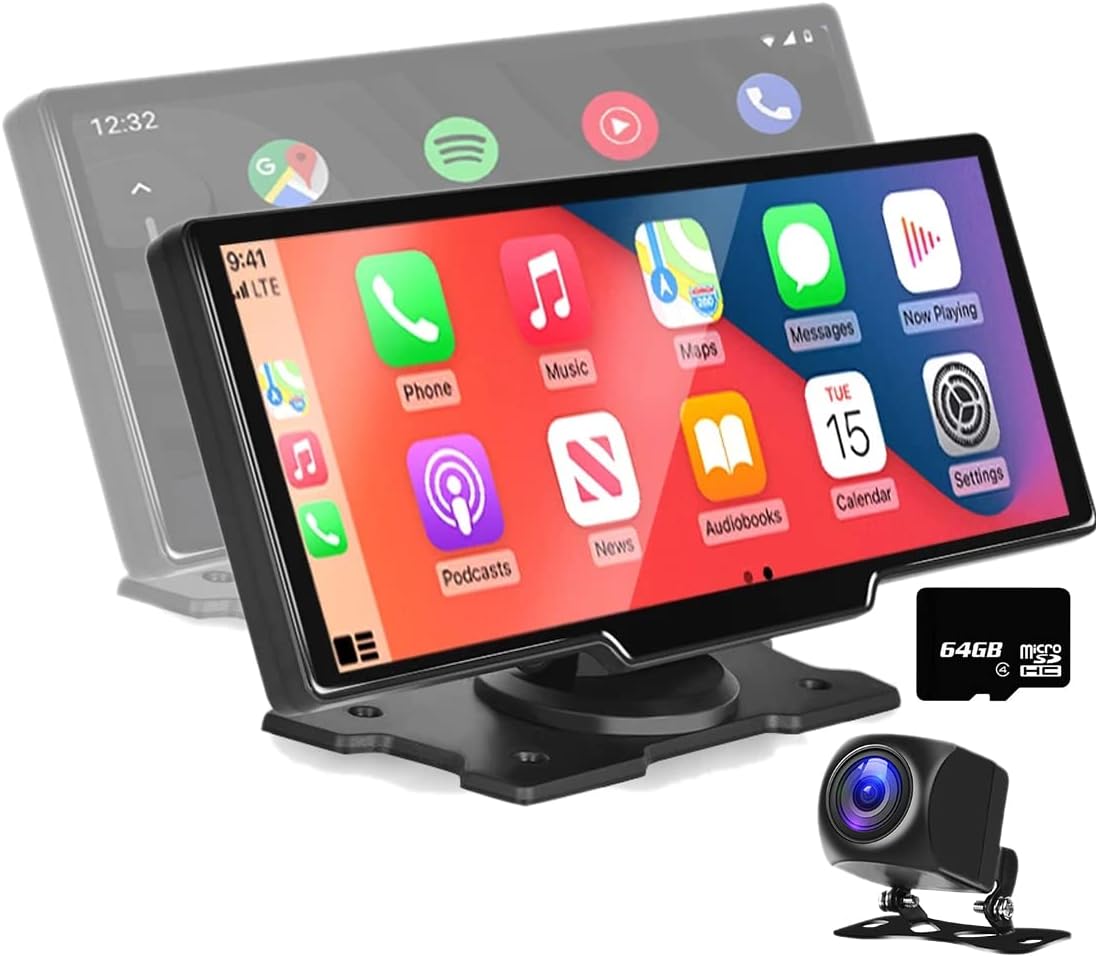 Monitor de coche Apple CarAutoPlay inalámbrico y Android Auto con pantalla táctil de 10", estéreo de salpicadero, DVR, llamadas Bluetooth, cámara trasera y tarjeta 64 GB