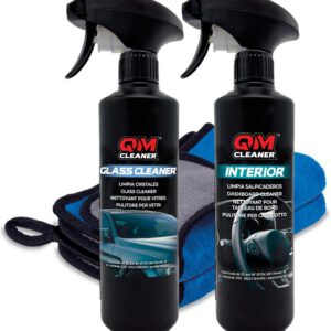 Kit de limpieza interior QM Cleaner para coche, limpiador de salpicadero, plástico, cristal y pantalla, efecto satinado, incluye limpiador salpicadero 500 ml, limpiador cristal/pantalla 500 ml y 2 paños extra