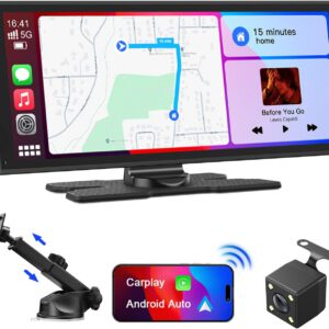 Radio Avylet inalámbrica de 9,26″ para coche con cámara trasera, pantalla táctil portátil, navegación GPS, control por voz Google/Siri, Android Auto, Bluetooth, AUX/FM y Mirror Link