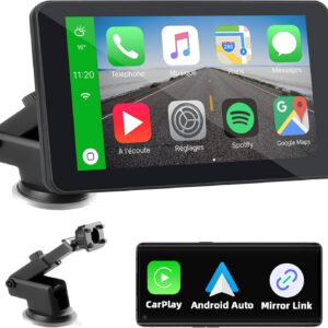 Pantalla portátil de 7″ para coche con CarPlay y Android Auto inalámbricos, sin instalación, Bluetooth, navegador GPS, Mirror Link, control por voz, FM y AUX
