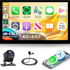 Radio Android 13 Rimoody 4+64G 2 DIN con CarPlay inalámbrico, pantalla HD de 9″, Android Auto, navegación GPS, Mirror Link, Bluetooth, WiFi, FM/RDS, EQ, USB, control de volante y cámara trasera