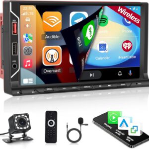 Radio 2 DIN con CarPlay inalámbrico y Android Auto, pantalla táctil de 7″, Bluetooth, Mirror Link, radio FM, SWC, entrada AUX/USB y cámara trasera