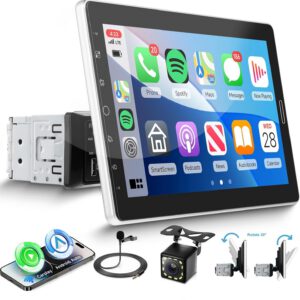 Radio Bluetooth 1 DIN con CarPlay y Android Auto inalámbricos, pantalla táctil HD IPS de 10,1″ giratoria manual, Bluetooth, Mirror Link, radio FM/AM, 2 USB y cámara
