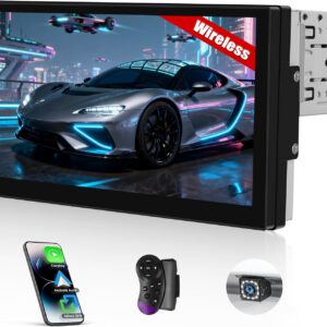 Radio CAMECHO 1 DIN con CarPlay inalámbrico, Android Auto y Bluetooth, pantalla táctil LED de 7″, YouTube online, Mirror Link, control de volante, 2 USB, AUX y Type-C