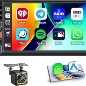Radio Hikity 2 DIN con pantalla táctil IPS de 7″, CarPlay y Android Auto inalámbricos, reproducción de vídeo online, salida de vídeo, FM, BT, SWC, cámara trasera y micrófono