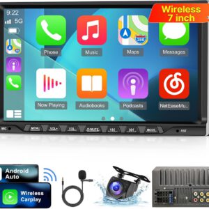 Radio Bluetooth para coche con CarPlay inalámbrico y Android Auto, radio 2 DIN de 7″ con FM, navegación GPS, varias interfaces, Bluetooth 5.1, USB/AUX y cámara de seguridad