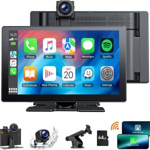 Radio portátil Volam de 9″ con Apple CarPlay inalámbrico y Android Auto, dashcam delantera y trasera 4K+1080P, Bluetooth, Mirror Link, navegación, Siri/Google y tarjeta SD 64GB