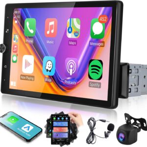 Radio 1 DIN con Apple CarPlay y Android Auto, pantalla táctil giratoria de 10,4″, Mirror Link, Bluetooth, FM, USB, AUX, EQ, control por voz, control de volante y cámara trasera