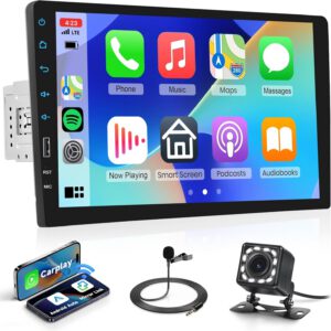 Radio Rimoody 1 DIN con CarPlay inalámbrico y Android Auto, pantalla táctil de 9″, Mirror Link, FM, Bluetooth, USB, AUX, Type-C, DVR, controles de volante, cámara trasera y micrófono