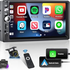 Radio SIXWIN 2 DIN compatible con CarPlay y Android Auto, pantalla táctil HD de 7″, controles de volante, Bluetooth, FM, USB, AUX, TF, Mirror Link y cámara