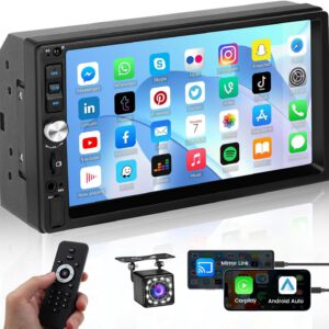 Radio Hikity 2 DIN con CarPlay y Android Auto por cable, pantalla táctil de 7″, Bluetooth, FM RDS, control de volante, cámara trasera, Mirror Link, AUX, USB, SWC, TF y EQ