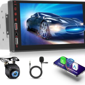 Radio Bluetooth 2 DIN con CarPlay inalámbrico y Android Auto, pantalla táctil de 7″, Bluetooth, Mirror Link, FM, USB, AUX, EQ y cámara trasera AHD