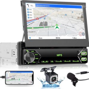 Radio 1 DIN Bluetooth con pantalla táctil retráctil de 7″, FM, USB, Type-C, AUX-in, EQ, Mirror Link para iOS/Android y cámara trasera