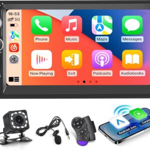 Radio 2 DIN con CarPlay inalámbrico y Android Auto, radio Bluetooth con pantalla táctil de 7″, ecualizador, Mirror Link, radio FM, puertos TF/AUX/USB, SWC y cámara trasera