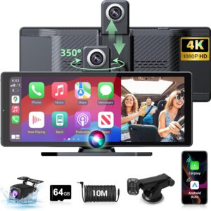 Pantalla CarPlay y Android Auto giratoria 350° con dashcam 4K, pantalla portátil de 10,26″, doble Bluetooth y tarjeta TF 64 GB