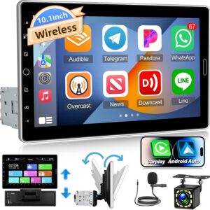 Radio 1 DIN con CarPlay y Android Auto, pantalla IPS desmontable de 10,1″, Mirror Link, radio FM, control de volante, cámara trasera y micrófono