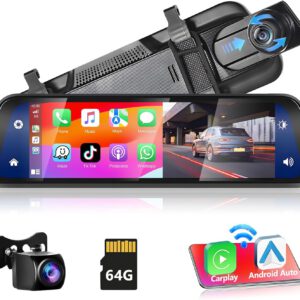 Podofo cámara retrovisora con CarPlay inalámbrico y Android Auto, pantalla táctil IPS de 9,66″ tipo espejo DVR, Bluetooth, 2 pantallas divididas y cámara trasera AHD