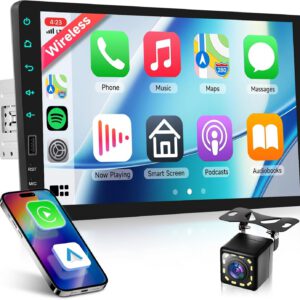 Radio 1 DIN con CarPlay y Android Auto inalámbricos, pantalla táctil IPS HD de 9″, Bluetooth, radio AM/FM/RDS, USB, Mirror Link, SWC y cámara trasera