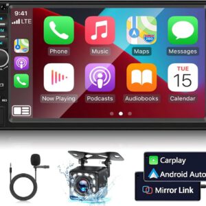 Radio de coche con Apple CarPlay y Android Auto, pantalla táctil HD de 7″, Bluetooth, Mirror Link, EQ, FM, SWC, AUX, USB y cámara trasera