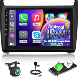 Radio Android 2G+64G para VW Volkswagen Polo 2008-2020, CarPlay inalámbrico y Android Auto, pantalla táctil 9″, GPS, WiFi, Bluetooth, EQ y FM RDS