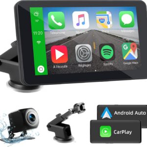Pantalla portátil de 7″ para coche con CarPlay y Android Auto inalámbricos, sin instalación, con dashcam, Bluetooth, navegador GPS, Mirror Link, control por voz, FM y AUX