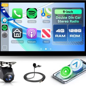 Radio Android Rimoody 4G+128G 2 DIN, pantalla In-Cell de 9″, CarPlay y Android Auto inalámbricos, GPS, Bluetooth, WiFi, FM/RDS, EQ, control de volante y cámara trasera