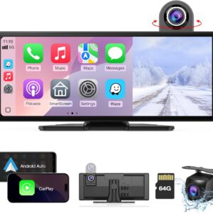 Carpuride W904 con CarPlay inalámbrico y Android Auto, dashcam, pantalla táctil IPS HD de 10″, cámara frontal 4K y trasera 1080P, grabación en bucle, audio Bluetooth, Mirror Link, GPS y Siri