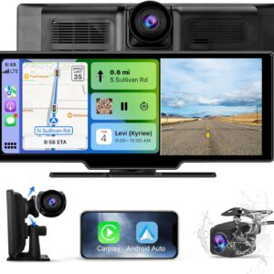 Pantalla táctil AWESAFE de 10,26″ para coche con CarPlay y Android Auto inalámbricos, pantalla portátil con dashcam frontal 4K, cámara trasera HD 1080P, control por voz, Bluetooth y Mirror Link
