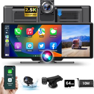 Pantalla CarPlay inalámbrica y Android Auto con dashcam 2.5K, pantalla portátil de 10,26″, Bluetooth, Mirror Link, Siri, tarjeta TF 64 GB