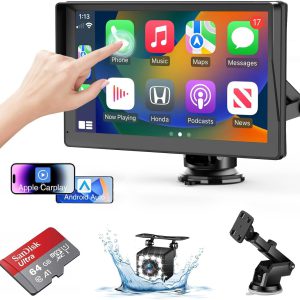 Pantalla portátil 2024 con CarPlay inalámbrico para coche, Apple CarPlay y Android Auto, diseño paraguas, cámara trasera 1080P, pantalla táctil HD de 9″