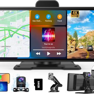 Pantalla portátil con CarPlay inalámbrico y Android Auto, dashcam frontal 4K y cámara trasera 1080P, pantalla HD IPS 10,26″, grabación en bucle, Bluetooth, Mirror Link, GPS y Siri